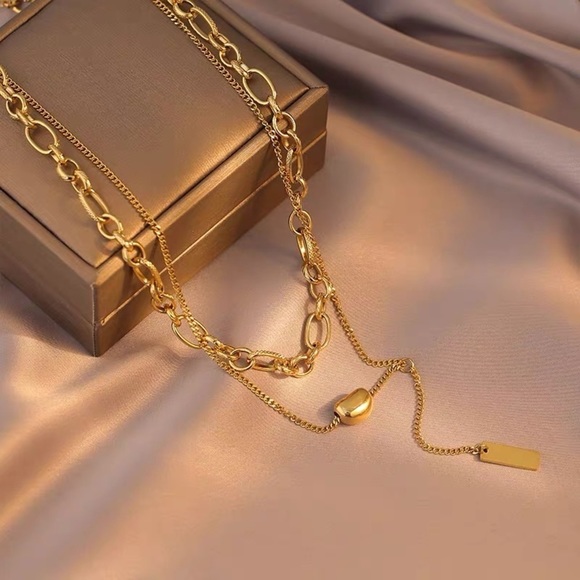 💎BOGO❗️Double 2 Layer Gold Toned Necklace chain with gold bead - Picture 5 of 8